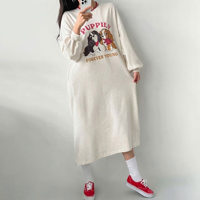 ワンピース レディース 長袖 薄手 秋 冬 スウェット マキシ丈 ロング丈 ゆったり スリット 犬 ドッグ ロゴ プリント 膝下 スエット 韓国ファッション チンチャコリア （オートミール）