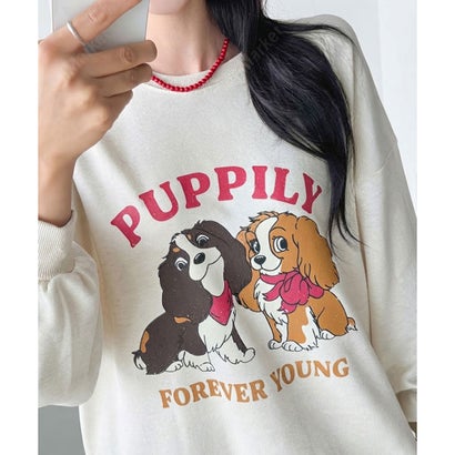 ワンピース レディース 長袖 薄手 秋 冬 スウェット マキシ丈 ロング丈 ゆったり スリット 犬 ドッグ ロゴ プリント 膝下 スエット 韓国ファッション チンチャコリア （ピンク）｜詳細画像