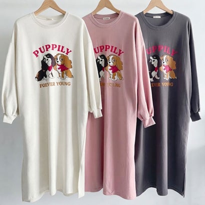 ワンピース レディース 長袖 薄手 秋 冬 スウェット マキシ丈 ロング丈 ゆったり スリット 犬 ドッグ ロゴ プリント 膝下 スエット 韓国ファッション チンチャコリア （ピンク）｜詳細画像