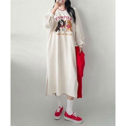 ワンピース レディース 長袖 薄手 秋 冬 スウェット マキシ丈 ロング丈 ゆったり スリット 犬 ドッグ ロゴ プリント 膝下 スエット 韓国ファッション チンチャコリア （ピンク）｜詳細画像