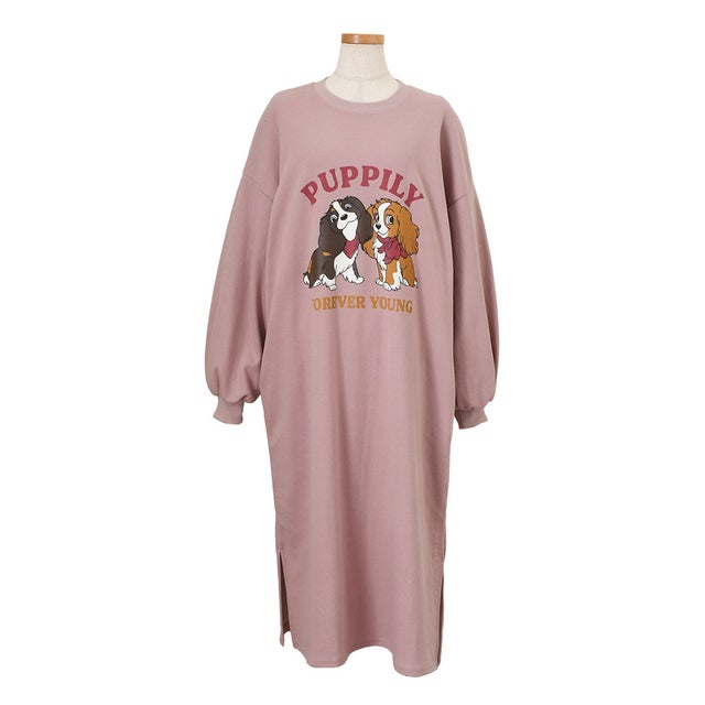 ワンピース レディース 長袖 薄手 秋 冬 スウェット マキシ丈 ロング丈 ゆったり スリット 犬 ドッグ ロゴ プリント 膝下 スエット 韓国ファッション チンチャコリア （ピンク）