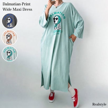 ワンピース レディース カットソー Tシャツ 長袖 薄手 秋 マキシ ロング ゆったり 犬 ドッグ ダルメシアン ロゴ プリント カジュアル 韓国ファッション チンチャコリア （ミントブルー）｜詳細画像