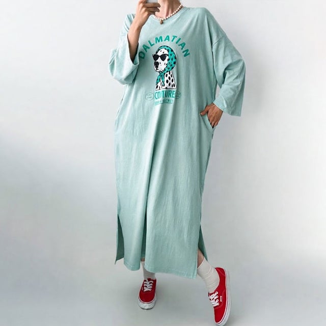 ワンピース レディース カットソー Tシャツ 長袖 薄手 秋 マキシ ロング ゆったり 犬 ドッグ ダルメシアン ロゴ プリント カジュアル 韓国ファッション チンチャコリア （ミントブルー）
