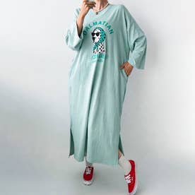 ワンピース レディース カットソー Tシャツ 長袖 薄手 秋 マキシ ロング ゆったり 犬 ドッグ ダルメシアン ロゴ プリント カジュアル 韓国ファッション チンチャコリア （ミントブルー）