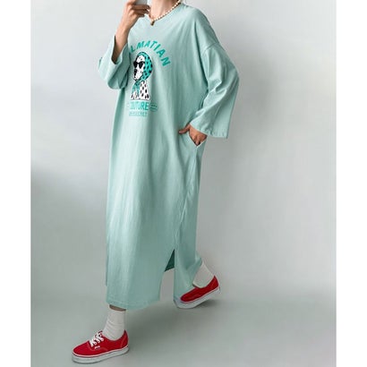 ワンピース レディース カットソー Tシャツ 長袖 薄手 秋 マキシ ロング ゆったり 犬 ドッグ ダルメシアン ロゴ プリント カジュアル 韓国ファッション チンチャコリア （チャコール）｜詳細画像