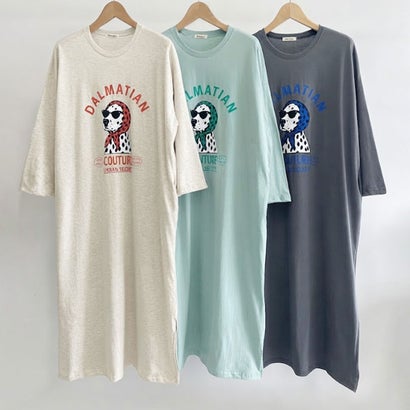 ワンピース レディース カットソー Tシャツ 長袖 薄手 秋 マキシ ロング ゆったり 犬 ドッグ ダルメシアン ロゴ プリント カジュアル 韓国ファッション チンチャコリア （チャコール）｜詳細画像
