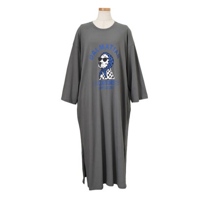 ワンピース レディース カットソー Tシャツ 長袖 薄手 秋 マキシ ロング ゆったり 犬 ドッグ ダルメシアン ロゴ プリント カジュアル 韓国ファッション チンチャコリア （チャコール）｜詳細画像