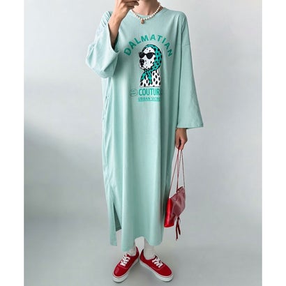 ワンピース レディース カットソー Tシャツ 長袖 薄手 秋 マキシ ロング ゆったり 犬 ドッグ ダルメシアン ロゴ プリント カジュアル 韓国ファッション チンチャコリア （チャコール）｜詳細画像