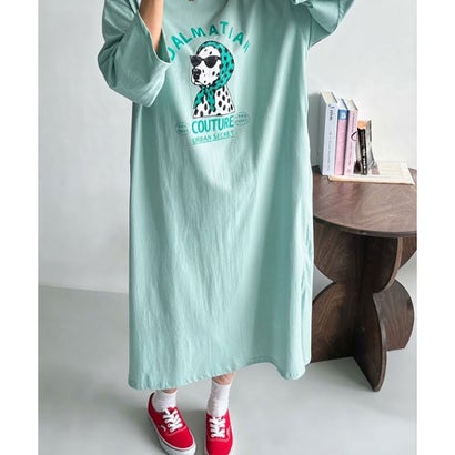 ワンピース レディース カットソー Tシャツ 長袖 薄手 秋 マキシ ロング ゆったり 犬 ドッグ ダルメシアン ロゴ プリント カジュアル 韓国ファッション チンチャコリア （オートミール）｜詳細画像