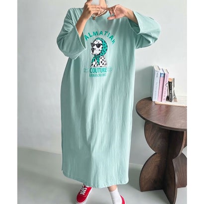 ワンピース レディース カットソー Tシャツ 長袖 薄手 秋 マキシ ロング ゆったり 犬 ドッグ ダルメシアン ロゴ プリント カジュアル 韓国ファッション チンチャコリア （オートミール）｜詳細画像