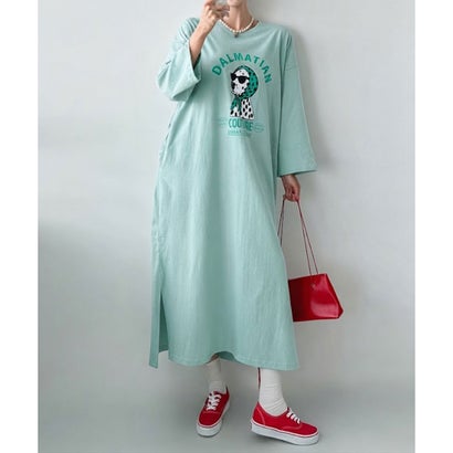 ワンピース レディース カットソー Tシャツ 長袖 薄手 秋 マキシ ロング ゆったり 犬 ドッグ ダルメシアン ロゴ プリント カジュアル 韓国ファッション チンチャコリア （オートミール）｜詳細画像
