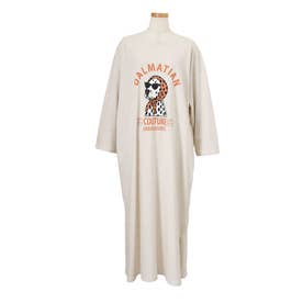 ワンピース レディース カットソー Tシャツ 長袖 薄手 秋 マキシ ロング ゆったり 犬 ドッグ ダルメシアン ロゴ プリント カジュアル 韓国ファッション チンチャコリア （オートミール）