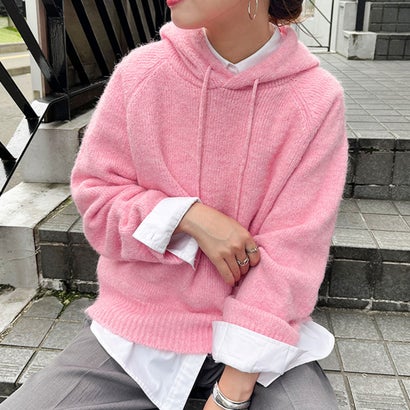 リアルスタイル REAL STYLE ニットパーカー レディース 秋 冬 長袖 プルオーバー フーディー トップス シンプル カジュアル 紐付き おしゃれ 防寒 あったか （ベージュ）｜詳細画像