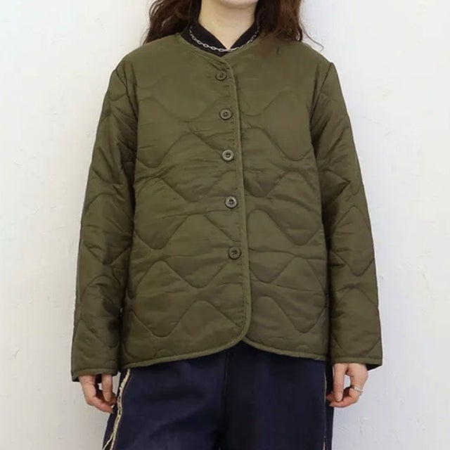 キルティング ジャケット レディース 秋 冬 中綿 あったか 羽織り 長袖 薄手 前開き ノーカラー ブルゾン アウター 軽い 防寒 暖かい （カーキ）