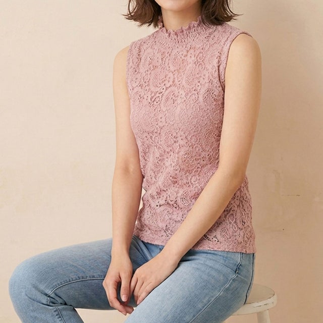 タンクトップ レディース インナー カップ付き ハイネック レース ノースリーブ 下着 肌着 ブラトップ 薄手 重ね着 レイヤード （ピンク）