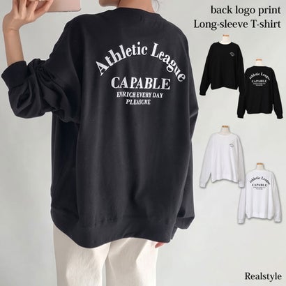 リアルスタイル REAL STYLE カットソー ロンT 長袖 Tシャツ レディース 秋 冬 薄手 ゆったり 大きいサイズ コットン 綿 ロゴプリント トップス カジュアル 韓国 韓国ファッション チンチャコリア （ブラック）｜詳細画像