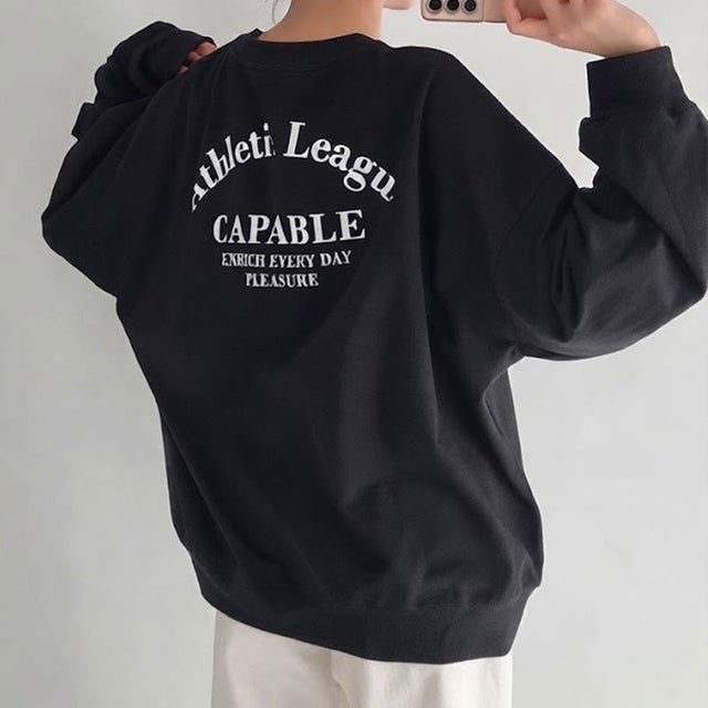 カットソー ロンT 長袖 Tシャツ レディース 秋 冬 薄手 ゆったり 大きいサイズ コットン 綿 ロゴプリント トップス カジュアル 韓国 韓国ファッション チンチャコリア （ブラック）