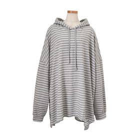パーカー チュニック レディース 秋 冬 ワンピース トップス 長袖 ボーダー柄 薄手 フード ビッグシルエット ゆったり 体型カバー 韓国ファッション チンチャコリア （グレー）