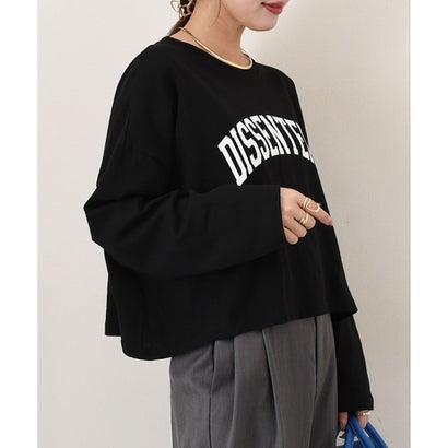 カットソー Tシャツ レディース 秋 冬 長袖 ロゴT トップス ショート丈 綿 薄手 ゆったり カジュアル 韓国 大きめ おしゃれ 韓国ファッション チンチャコリア （ブラック）｜詳細画像