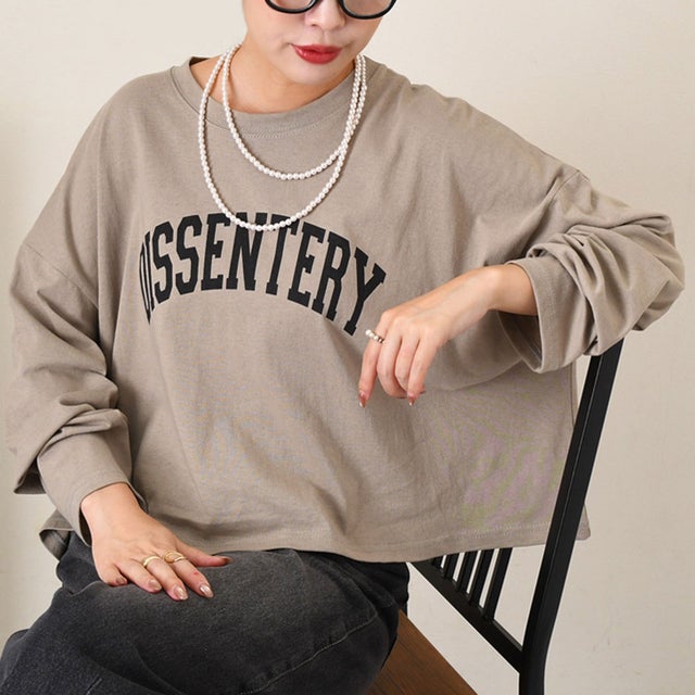 カットソー Tシャツ レディース 秋 冬 長袖 ロゴT トップス ショート丈 綿 薄手 ゆったり カジュアル 韓国 大きめ おしゃれ 韓国ファッション チンチャコリア （ベージュ）