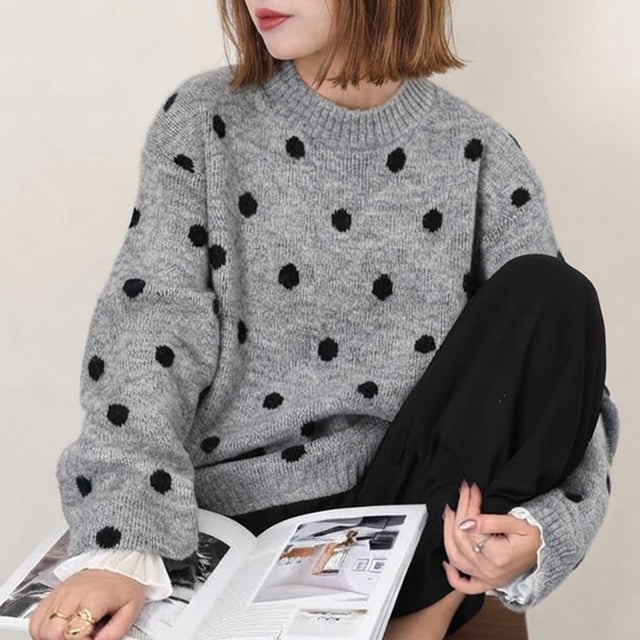 ニット セーター レディース 秋 冬 春 長袖 厚手 ドット柄 トップス 暖かい あったか 防寒 チクチクしない ゆったり おしゃれ きれいめ （グレー(04)）