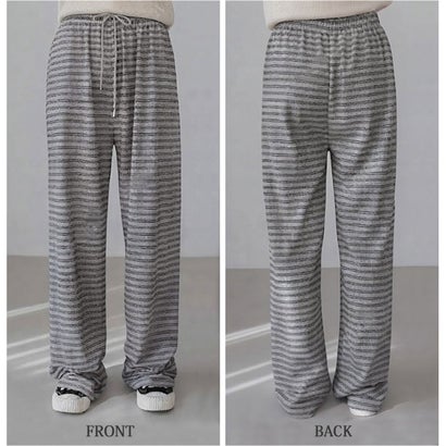 ワイドパンツ レディース ボーダー柄 秋 冬 ウエストゴム 薄手 柄パンツ ゆったり ロング丈 おしゃれ ボトムス ズボン 楽ちん 部屋着 （ブラック）｜詳細画像