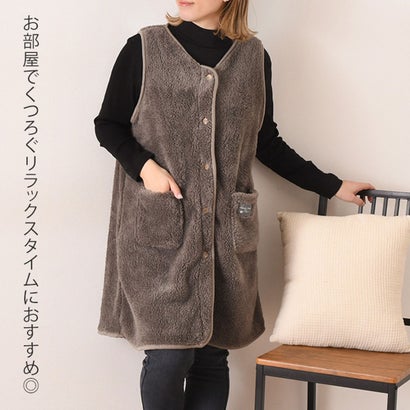 リアルスタイル REAL STYLE ボアベスト レディース ロング ノーカラー  おしゃれ フリース ルームウェア 暖かい トップス 部屋着 防寒 着る毛布 羽織り 冬 大人 ハルモニチョッキ キムジャンチョッキ （エクリュ）｜詳細画像
