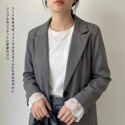 ジャケット レディース 春 秋 長袖 テーラード フード フーディ パーカー アウター トップス 羽織り 上着 重ね着風 おしゃれ カジュアル （チャコール）｜詳細画像