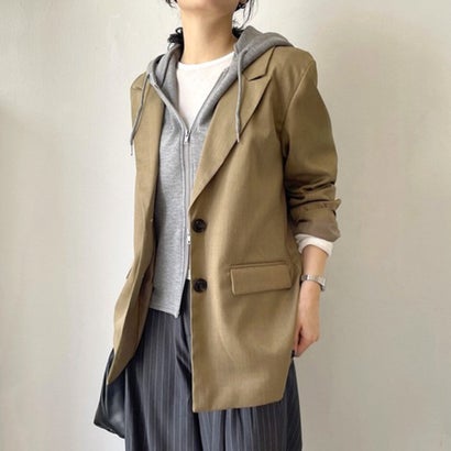 ジャケット レディース 春 秋 長袖 テーラード フード フーディ パーカー アウター トップス 羽織り 上着 重ね着風 おしゃれ カジュアル （ベージュ）｜詳細画像