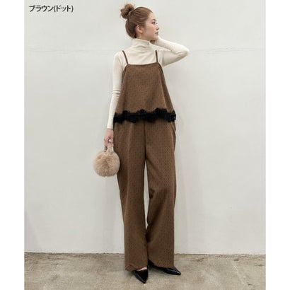 オールインワン レディース 春 夏 秋 セットアップ風 ワイドパンツ キャミソール レース おしゃれ きれいめ カジュアル 重ね着 ポケット （ブラウン(ドット)）｜詳細画像