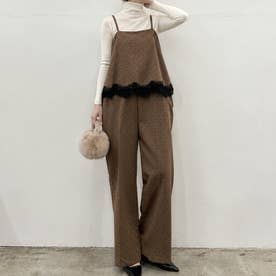 オールインワン レディース 春 夏 秋 セットアップ風 ワイドパンツ キャミソール レース おしゃれ きれいめ カジュアル 重ね着 ポケット （ブラウン(ドット)）