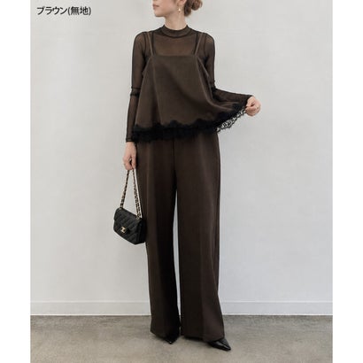 オールインワン レディース 春 夏 秋 セットアップ風 ワイドパンツ キャミソール レース おしゃれ きれいめ カジュアル 重ね着 ポケット （ブラウン(無地)）｜詳細画像