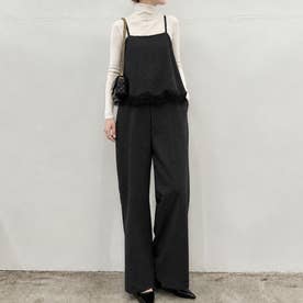 オールインワン レディース 春 夏 秋 セットアップ風 ワイドパンツ キャミソール レース おしゃれ きれいめ カジュアル 重ね着 ポケット （ブラック(ドット)）