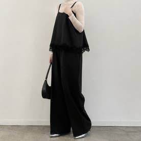 オールインワン レディース 春 夏 秋 セットアップ風 ワイドパンツ キャミソール レース おしゃれ きれいめ カジュアル 重ね着 ポケット （ブラック(無地)）