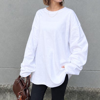 Tシャツ レディース メンズ 長袖 綿100％ 大きいサイズ 厚手 無地 ヘビーウェイト トップス カットソー ゆったり 丸首 ロンT （オフホワイト）｜詳細画像