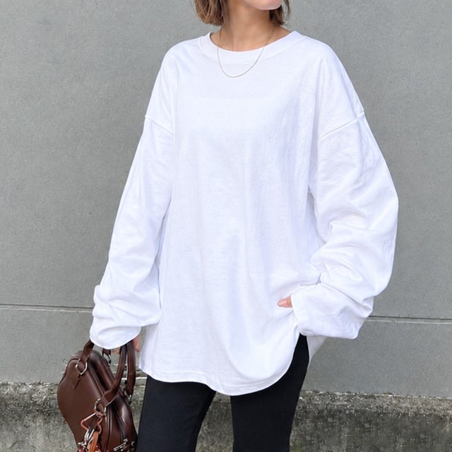 Tシャツ レディース メンズ 長袖 綿100％ 大きいサイズ 厚手 無地 ヘビーウェイト トップス カットソー ゆったり 丸首 ロンT （オフホワイト）