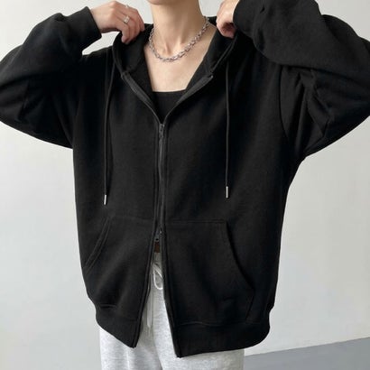パーカー スウェット ゆったり 大きいサイズ トップス アウター 長袖 フード ビッグシルエット 体型カバー 秋 スエット 羽織り チュニック （ブラック）｜詳細画像