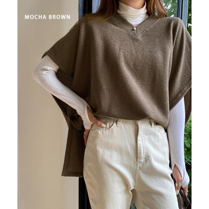 ポンチョ ニット ベスト レディース トップス 大きいサイズ ゆったり 体型カバー 厚手 秋 冬 上着 寒さ対策 防寒 あったか おしゃれ 韓国ファッション チンチャコリア （ベージュ）｜詳細画像