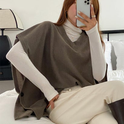 ポンチョ ニット ベスト レディース トップス 大きいサイズ ゆったり 体型カバー 厚手 秋 冬 上着 寒さ対策 防寒 あったか おしゃれ 韓国ファッション チンチャコリア （モカブラウン）｜詳細画像
