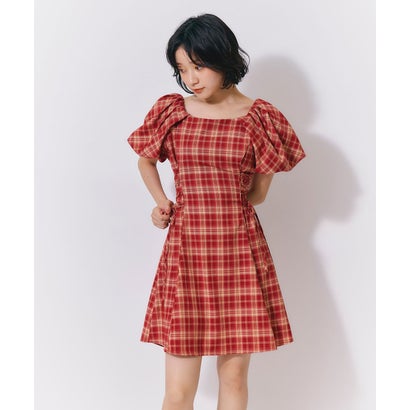 サイドレースアップチェックミニフレアワンピース 紺系チェック｜詳細画像