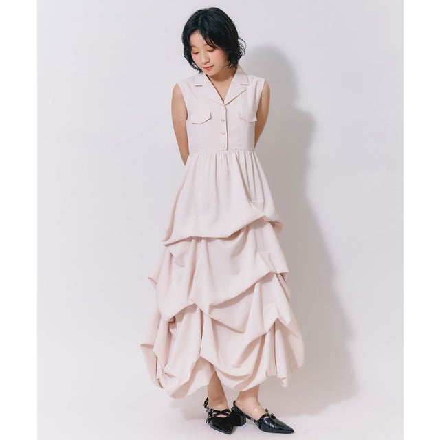 タックボリュームシャツロングワンピース ベージュ
