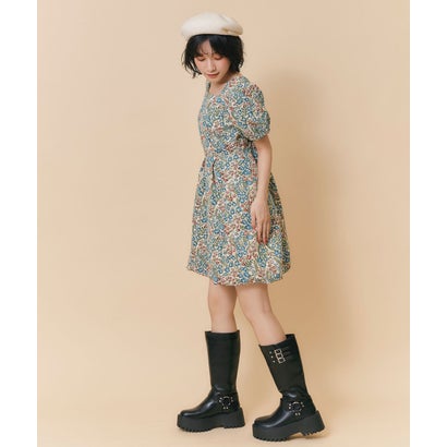 ゴブランライクミニフラワーフレアワンピース ブルー｜詳細画像