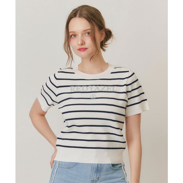 ホットフィットロゴニットトップス white/borderストライプ