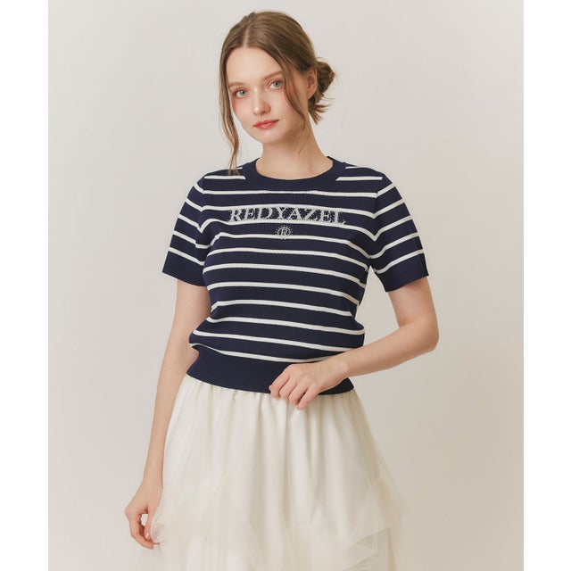 ホットフィットロゴニットトップス Navy/borderストライプ