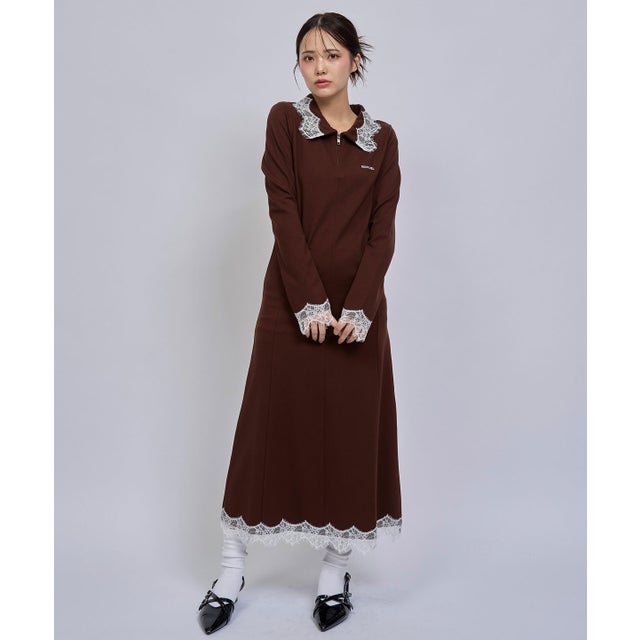 レーストリムハーフZIPポロカットロングワンピース ブラウン