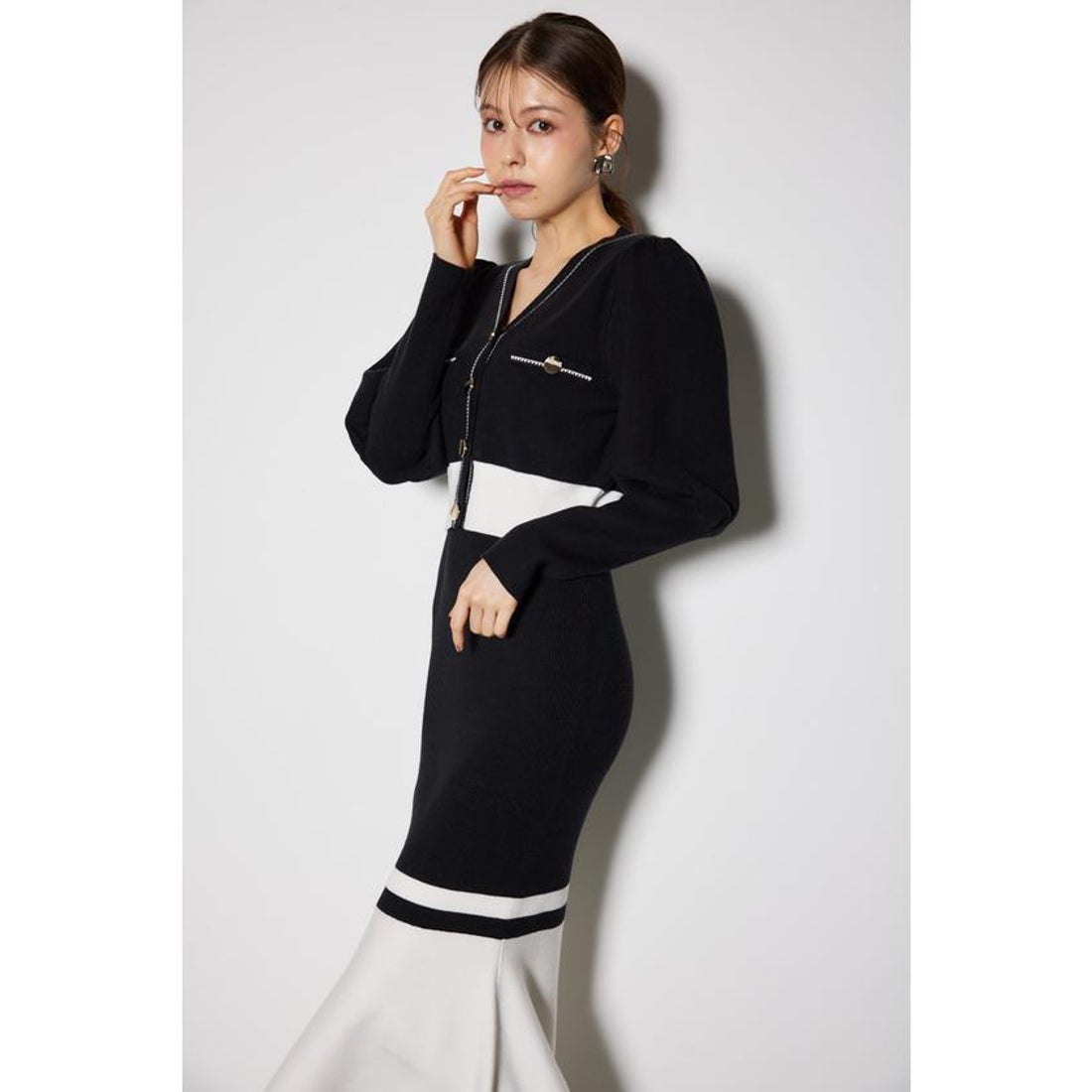 カーデセット Rienda バイカラー 服 バイカラーカーデセットニット 
