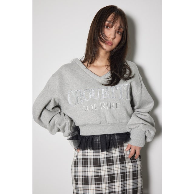Vネックショートスウェットトップス GRY