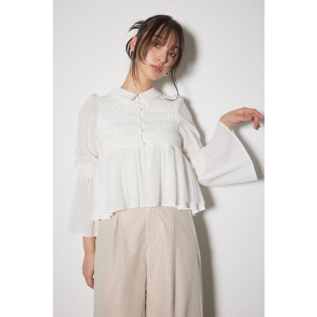 シャーリングフリルチュールブラウス WHT