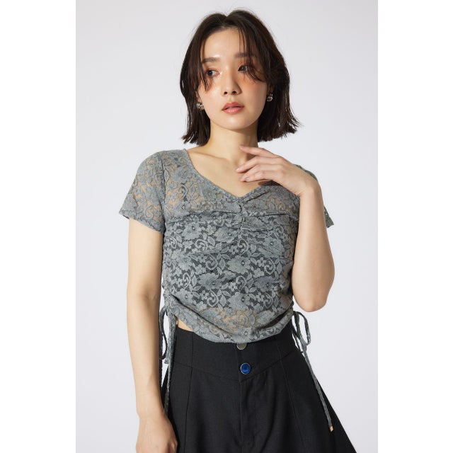 バストギャザーデザインレースカットトップス GRY