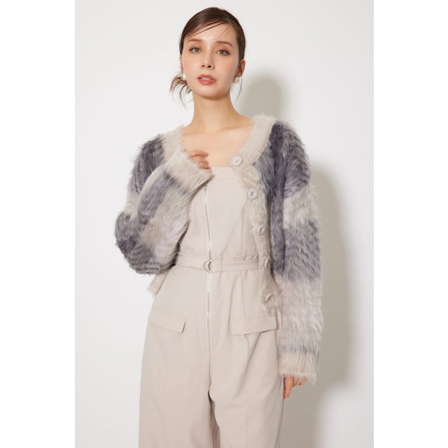 2WAYロングシャギーチェックショートニットカーディガン 柄GRY5